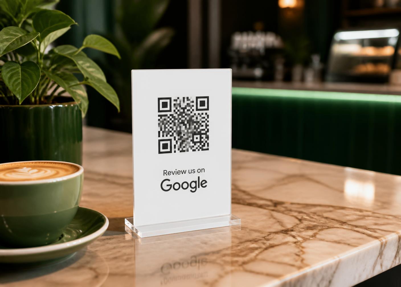 QR code stand on a café counter